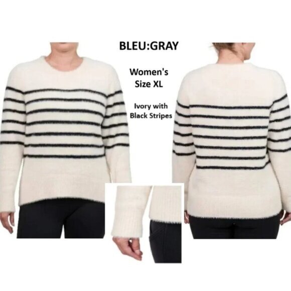 BLEU:GRAY Sweater Ivory & Black Women's Long Sleeve Eyelash Knit Crewneck Sz XL - Picture 1 of 13